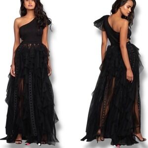 DEEPIKA ARORA XXL Black One Shoulder Cutout Tulle Ruffle Gown Formal Dress Edgy